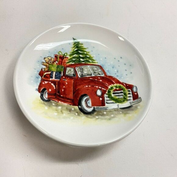 New Maxcera Christmas Side Appetizer Plates Vintage Red Truck Beatle Bug Set 4 - Picture 4 of 7